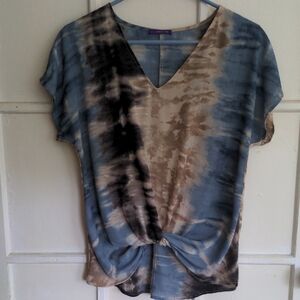 West Kei Beacon Allura Blue Black Cream Knot Detail Short-Sleeved Top in Size XS